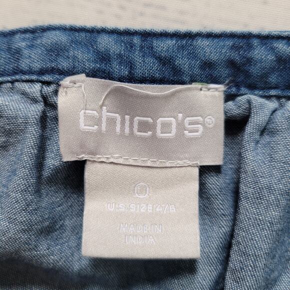 Chico's Size 0 US 4/6 Embroidered Chambray 3/4 Sleeve Peasant Top Blouse Mature - Picture 9 of 10